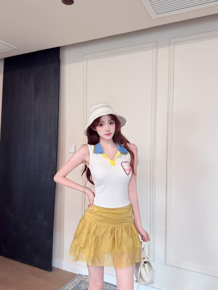 실사 정가 감소되지 않음 벨트 가슴 패드 달콤한 차가운 핫걸 배색 패치 하트 자수 몸매 가꾸기 슬림해 보이는 쇼트 스타일 맨위 상세 이미지 9