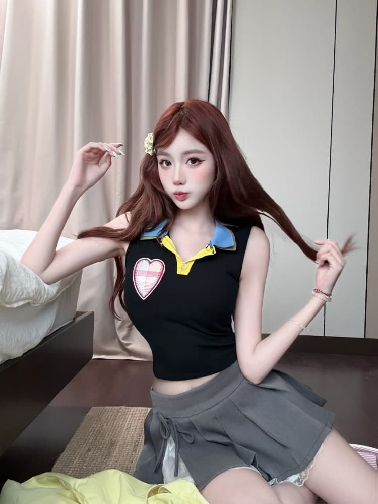 실사 정가 감소되지 않음 벨트 가슴 패드 달콤한 차가운 핫걸 배색 패치 하트 자수 몸매 가꾸기 슬림해 보이는 쇼트 스타일 맨위 상세 이미지 18