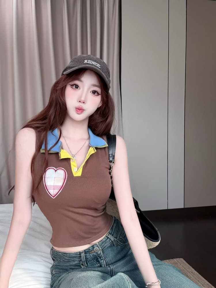 실사 정가 감소되지 않음 벨트 가슴 패드 달콤한 차가운 핫걸 배색 패치 하트 자수 몸매 가꾸기 슬림해 보이는 쇼트 스타일 맨위 상세 이미지 20