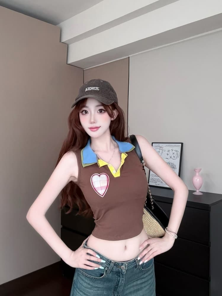 실사 정가 감소되지 않음 벨트 가슴 패드 달콤한 차가운 핫걸 배색 패치 하트 자수 몸매 가꾸기 슬림해 보이는 쇼트 스타일 맨위 상세 이미지 22