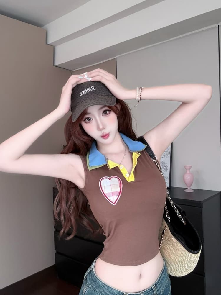 실사 정가 감소되지 않음 벨트 가슴 패드 달콤한 차가운 핫걸 배색 패치 하트 자수 몸매 가꾸기 슬림해 보이는 쇼트 스타일 맨위 상세 이미지 24