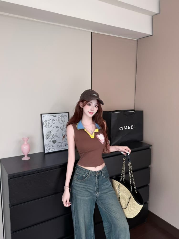 실사 정가 감소되지 않음 벨트 가슴 패드 달콤한 차가운 핫걸 배색 패치 하트 자수 몸매 가꾸기 슬림해 보이는 쇼트 스타일 맨위 상세 이미지 25