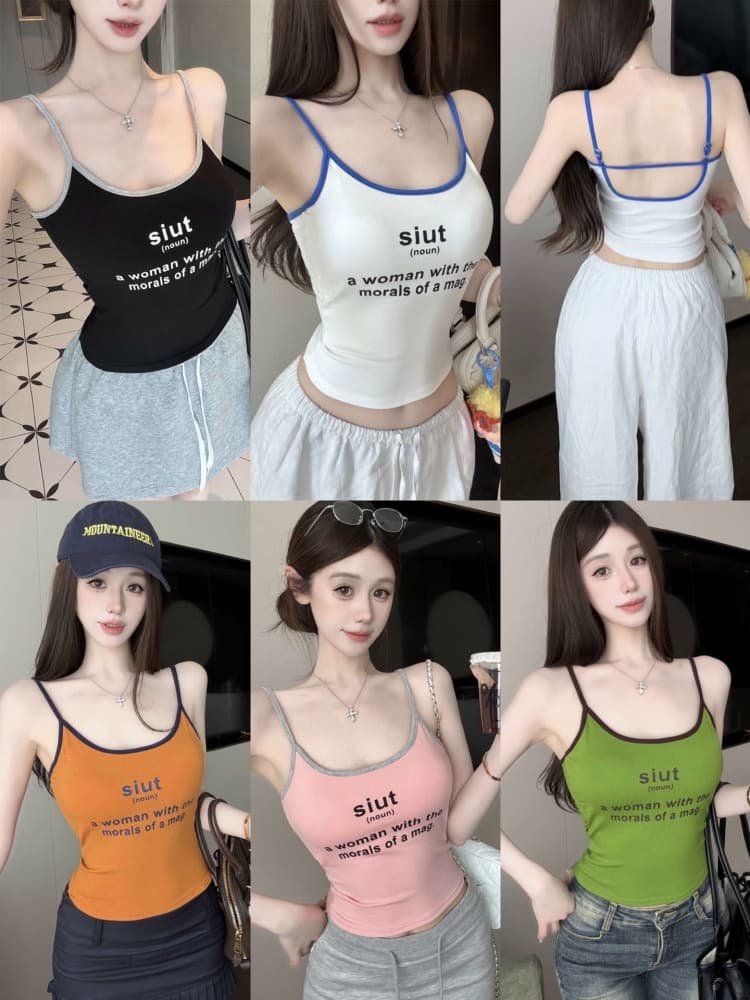 실사 정가 감소되지 않음 달콤한 핫걸 알파벳 프린트 벨트 가슴 패드 캐미솔 몸매 가꾸기 쇼트 스타일 맨위 상세 이미지 1