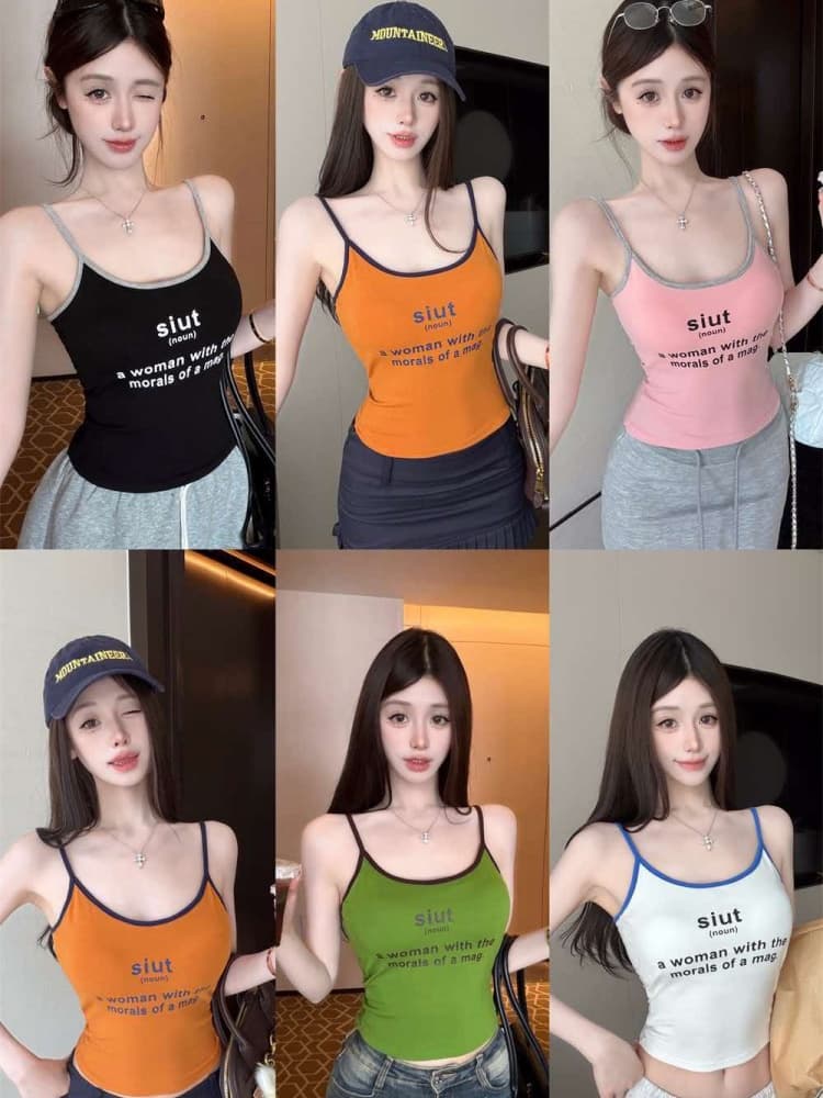 실사 정가 감소되지 않음 달콤한 핫걸 알파벳 프린트 벨트 가슴 패드 캐미솔 몸매 가꾸기 쇼트 스타일 맨위 상세 이미지 3