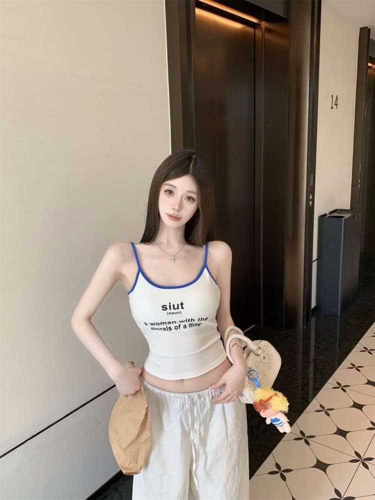 실사 정가 감소되지 않음 달콤한 핫걸 알파벳 프린트 벨트 가슴 패드 캐미솔 몸매 가꾸기 쇼트 스타일 맨위 상세 이미지 12