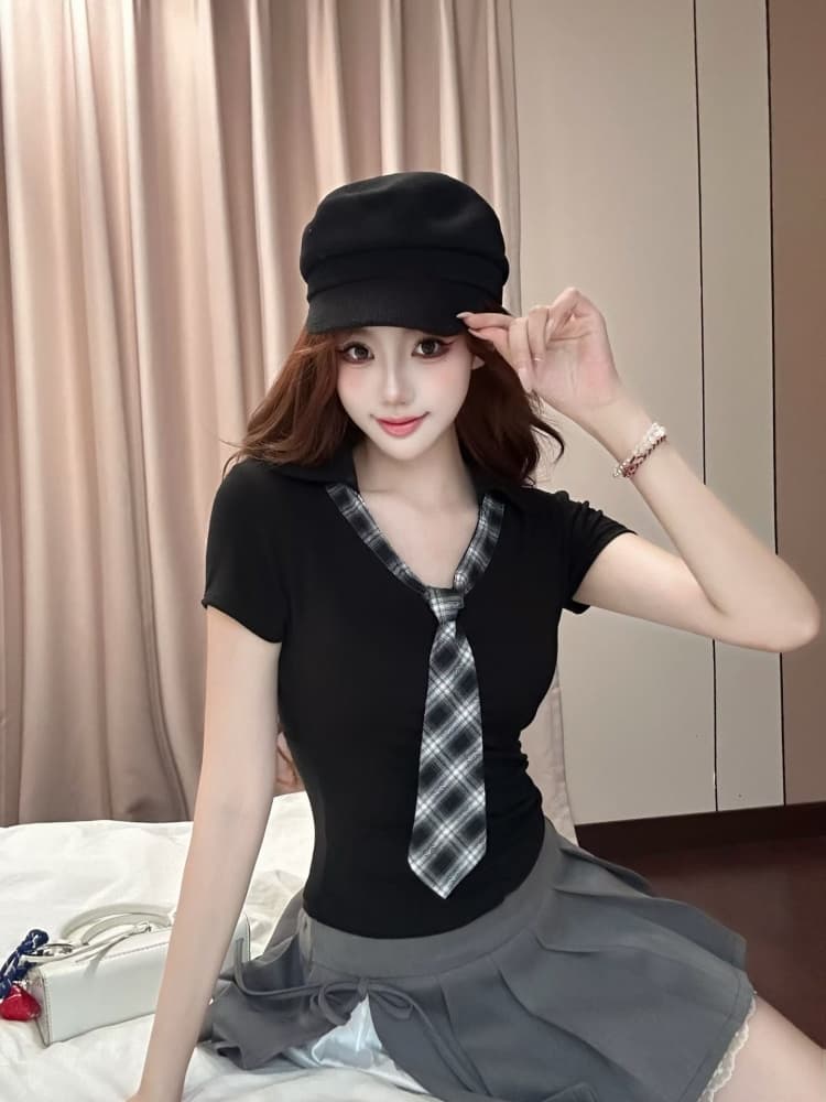 실사 정가 감소되지 않음 벨트 가슴 패드 몸매 가꾸기 슬림해 보이는 학원 연령 감소 맨위 한 부서 부드러운 리본 반팔 티셔츠 여성 상세 이미지 1