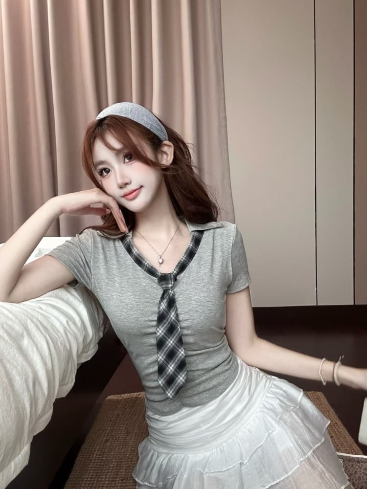 실사 정가 감소되지 않음 벨트 가슴 패드 몸매 가꾸기 슬림해 보이는 학원 연령 감소 맨위 한 부서 부드러운 리본 반팔 티셔츠 여성 상세 이미지 19