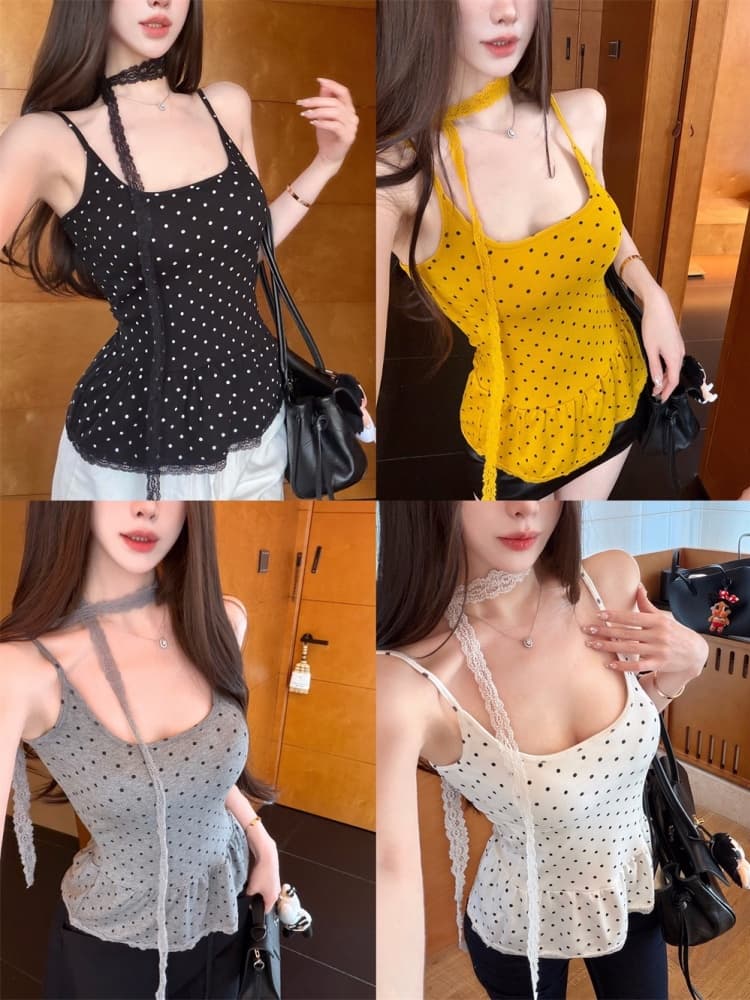 실사 정가 감소되지 않음 순수한 욕망 달콤한 매운맛 도트 무늬 리본 조끼 슬립 여성 여름 드레스 디자인 센스 아름다움 뒤로 민소매 맨위