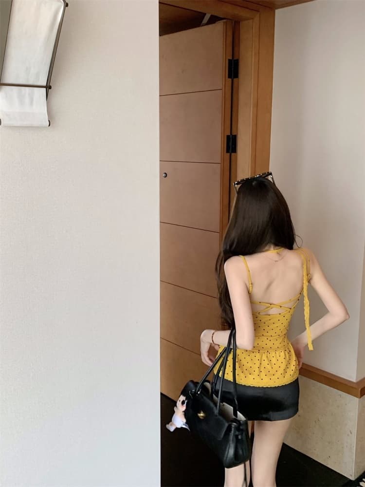 실사 정가 감소되지 않음 순수한 욕망 달콤한 매운맛 도트 무늬 리본 조끼 슬립 여성 여름 드레스 디자인 센스 아름다움 뒤로 민소매 맨위 상세 이미지 8