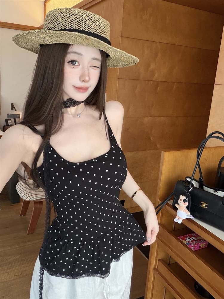실사 정가 감소되지 않음 순수한 욕망 달콤한 매운맛 도트 무늬 리본 조끼 슬립 여성 여름 드레스 디자인 센스 아름다움 뒤로 민소매 맨위 상세 이미지 9