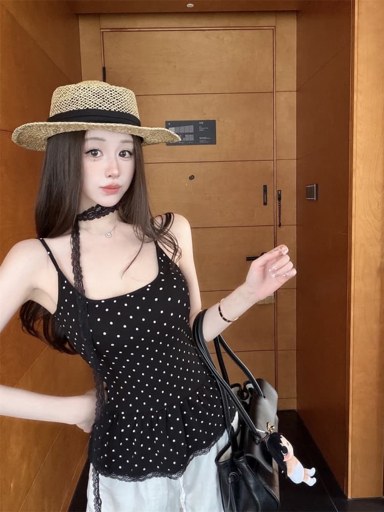 실사 정가 감소되지 않음 순수한 욕망 달콤한 매운맛 도트 무늬 리본 조끼 슬립 여성 여름 드레스 디자인 센스 아름다움 뒤로 민소매 맨위 상세 이미지 11