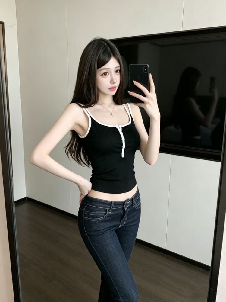 실사 정가 감소되지 않음 한 부서 도파민 아메리칸 캐미솔 여름 외출용 디자인 센스 배색 민소매 맨위 이미지 3