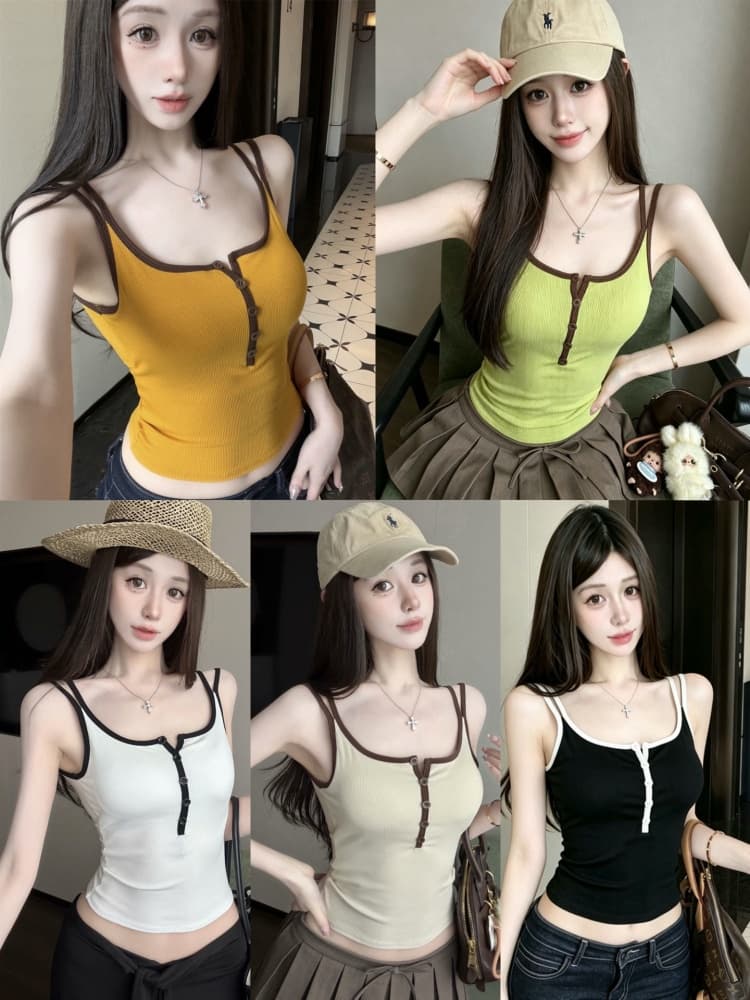 실사 정가 감소되지 않음 한 부서 도파민 아메리칸 캐미솔 여름 외출용 디자인 센스 배색 민소매 맨위 상세 이미지 1