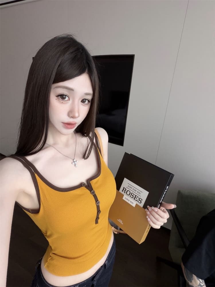 실사 정가 감소되지 않음 한 부서 도파민 아메리칸 캐미솔 여름 외출용 디자인 센스 배색 민소매 맨위 상세 이미지 3