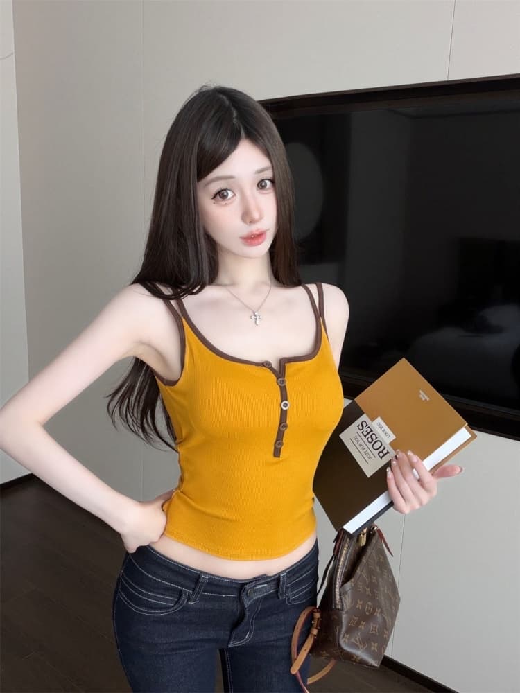 실사 정가 감소되지 않음 한 부서 도파민 아메리칸 캐미솔 여름 외출용 디자인 센스 배색 민소매 맨위 상세 이미지 5
