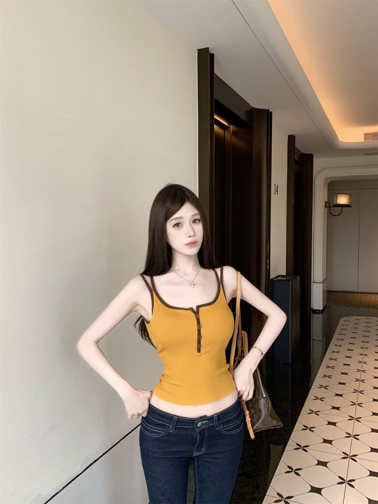 실사 정가 감소되지 않음 한 부서 도파민 아메리칸 캐미솔 여름 외출용 디자인 센스 배색 민소매 맨위 상세 이미지 6
