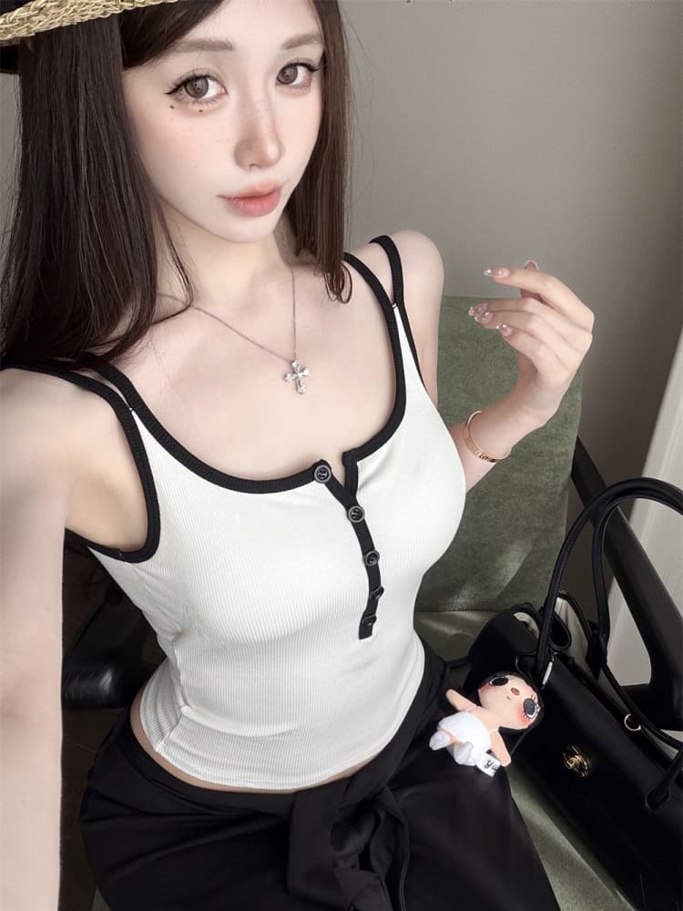 실사 정가 감소되지 않음 한 부서 도파민 아메리칸 캐미솔 여름 외출용 디자인 센스 배색 민소매 맨위 상세 이미지 14