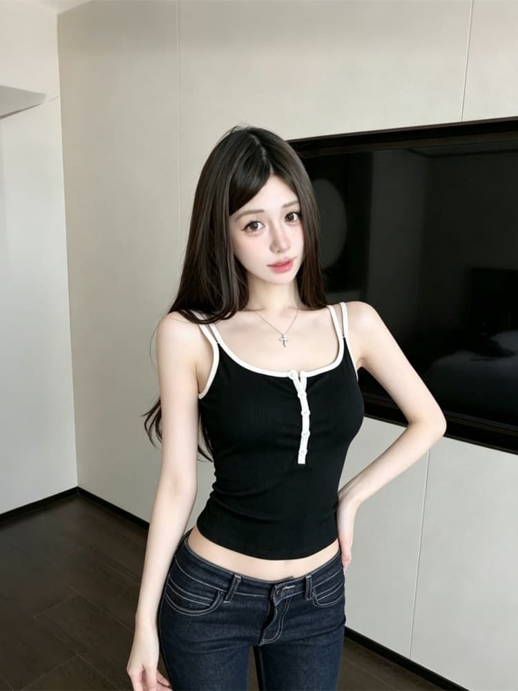 실사 정가 감소되지 않음 한 부서 도파민 아메리칸 캐미솔 여름 외출용 디자인 센스 배색 민소매 맨위 상세 이미지 18