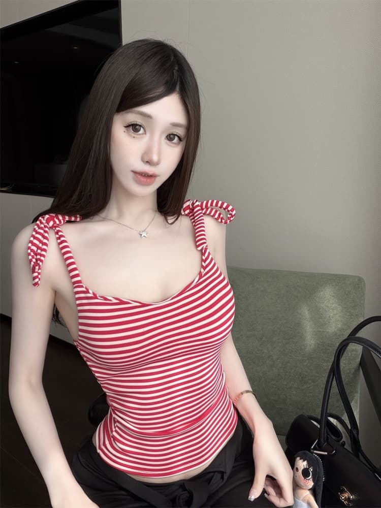 실사 정가 감소되지 않음 스트라이프 캐미솔 부서 벨트 가슴 패드 허리 수축 슬림해 보이는 인사이드 가져 가라. 민소매 섹시함 맨위 상세 이미지 7