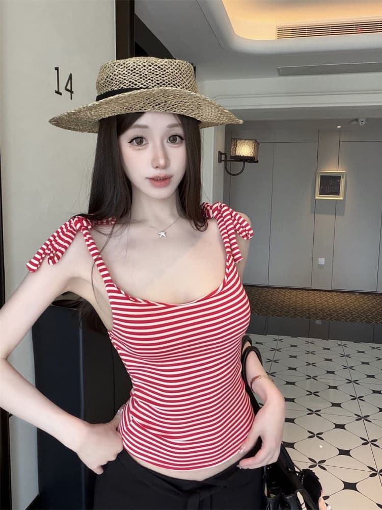 실사 정가 감소되지 않음 스트라이프 캐미솔 부서 벨트 가슴 패드 허리 수축 슬림해 보이는 인사이드 가져 가라. 민소매 섹시함 맨위 상세 이미지 8
