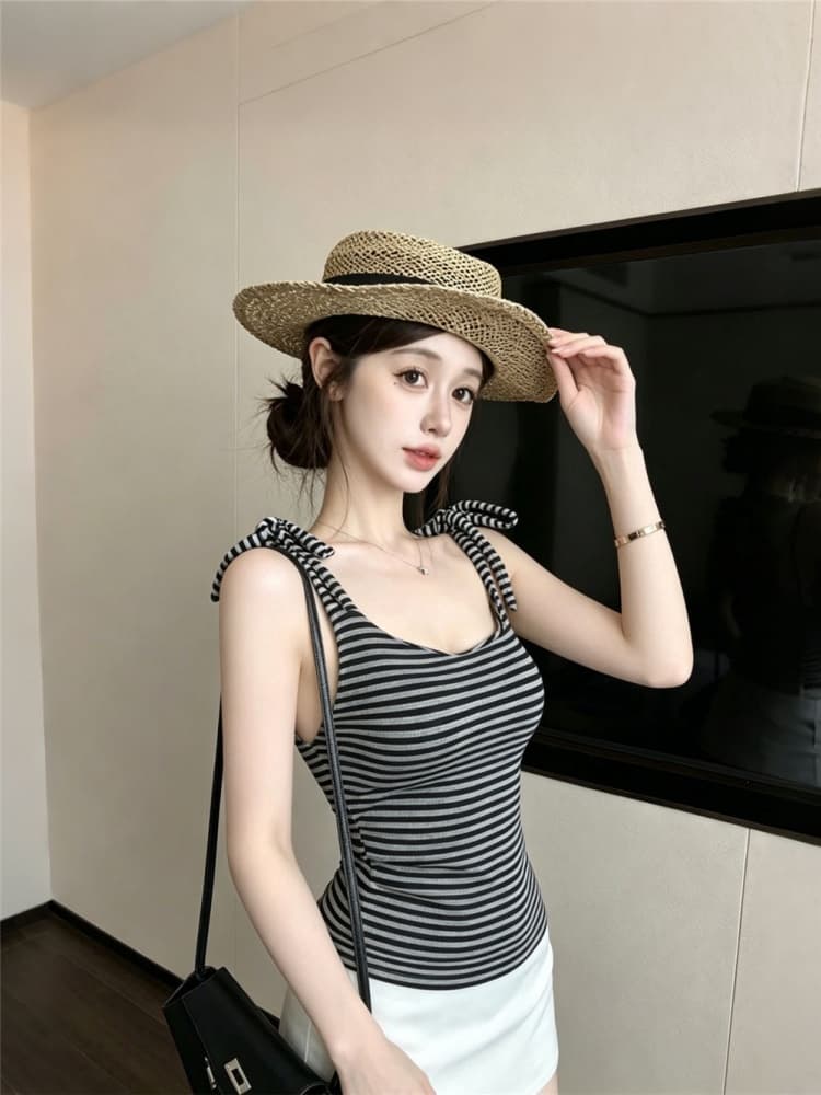 실사 정가 감소되지 않음 스트라이프 캐미솔 부서 벨트 가슴 패드 허리 수축 슬림해 보이는 인사이드 가져 가라. 민소매 섹시함 맨위 상세 이미지 15