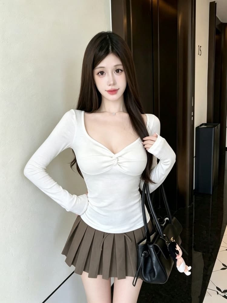실사 정가 감소되지 않음 가을 새로운 외출용 비틀림 V넥 긴팔 티셔츠 몸매 가꾸기 품격 기본 셔츠 커피 맨위 이미지 3