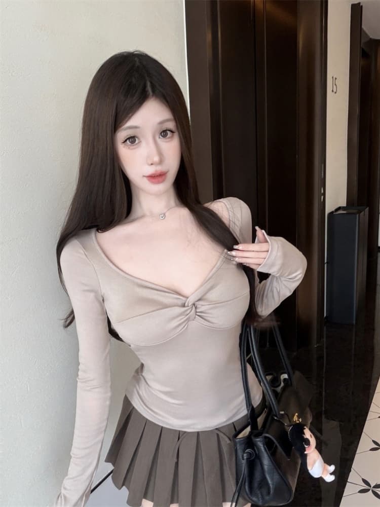 실사 정가 감소되지 않음 가을 새로운 외출용 비틀림 V넥 긴팔 티셔츠 몸매 가꾸기 품격 기본 셔츠 커피 맨위 상세 이미지 1