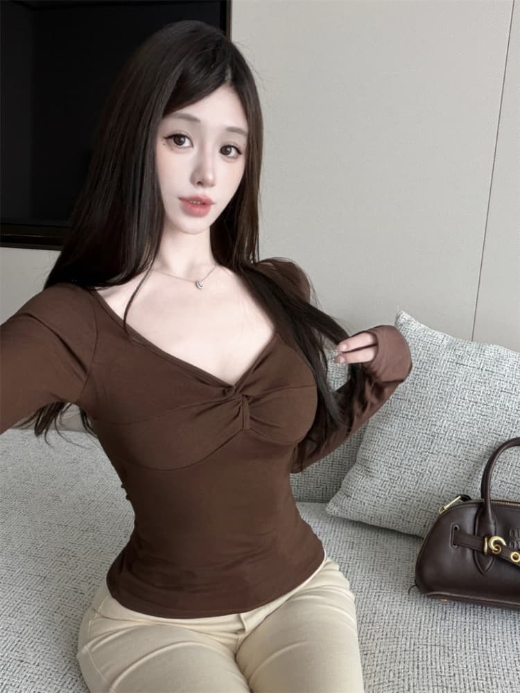 실사 정가 감소되지 않음 가을 새로운 외출용 비틀림 V넥 긴팔 티셔츠 몸매 가꾸기 품격 기본 셔츠 커피 맨위 상세 이미지 6