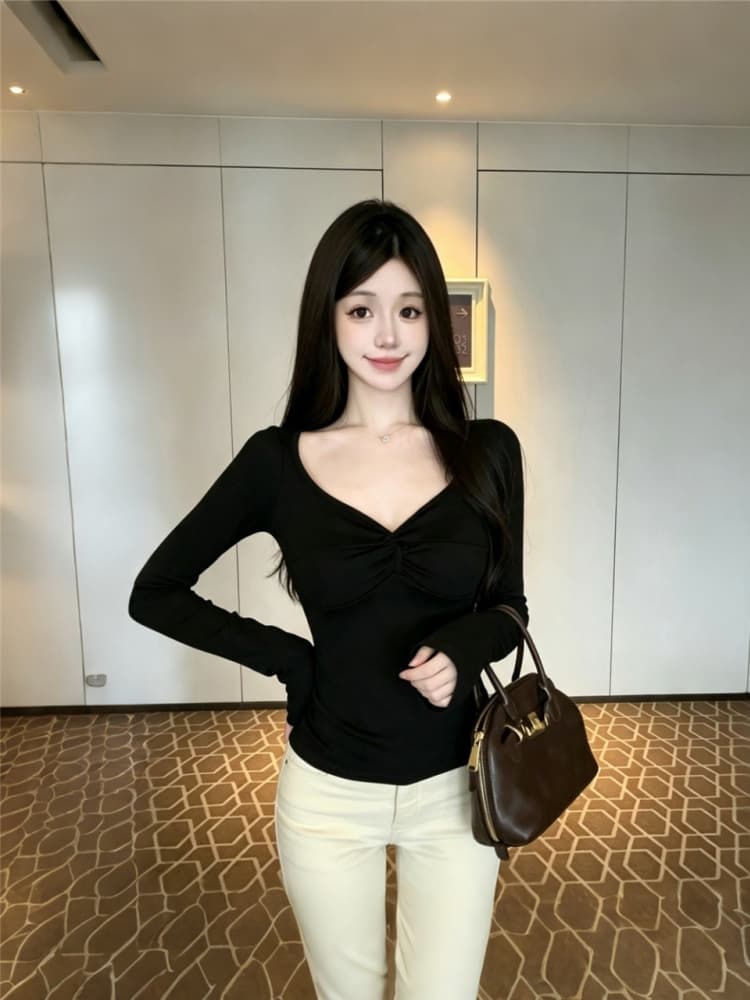 실사 정가 감소되지 않음 가을 새로운 외출용 비틀림 V넥 긴팔 티셔츠 몸매 가꾸기 품격 기본 셔츠 커피 맨위 상세 이미지 22