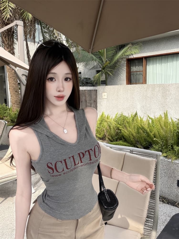실사 정가 감소되지 않음 아메리칸 알파벳 프린트 후드 조끼 여성 핫걸 다용도 패션 슬림해 보이는 민소매 맨위 상세 이미지 6