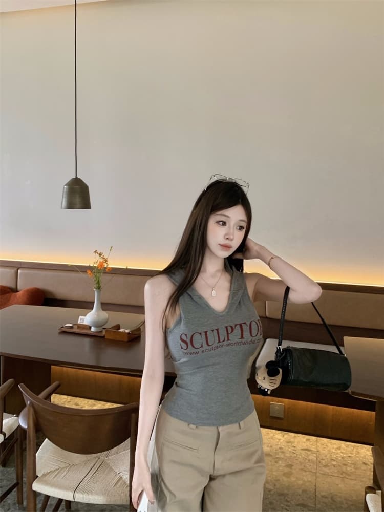 실사 정가 감소되지 않음 아메리칸 알파벳 프린트 후드 조끼 여성 핫걸 다용도 패션 슬림해 보이는 민소매 맨위 상세 이미지 11