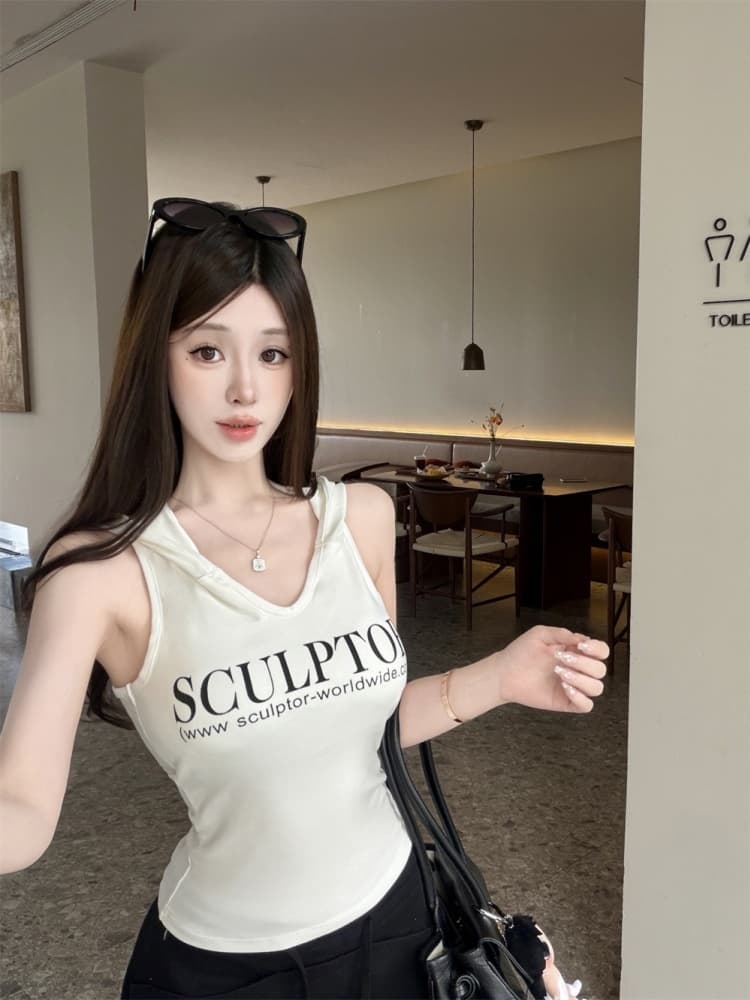 실사 정가 감소되지 않음 아메리칸 알파벳 프린트 후드 조끼 여성 핫걸 다용도 패션 슬림해 보이는 민소매 맨위 상세 이미지 17