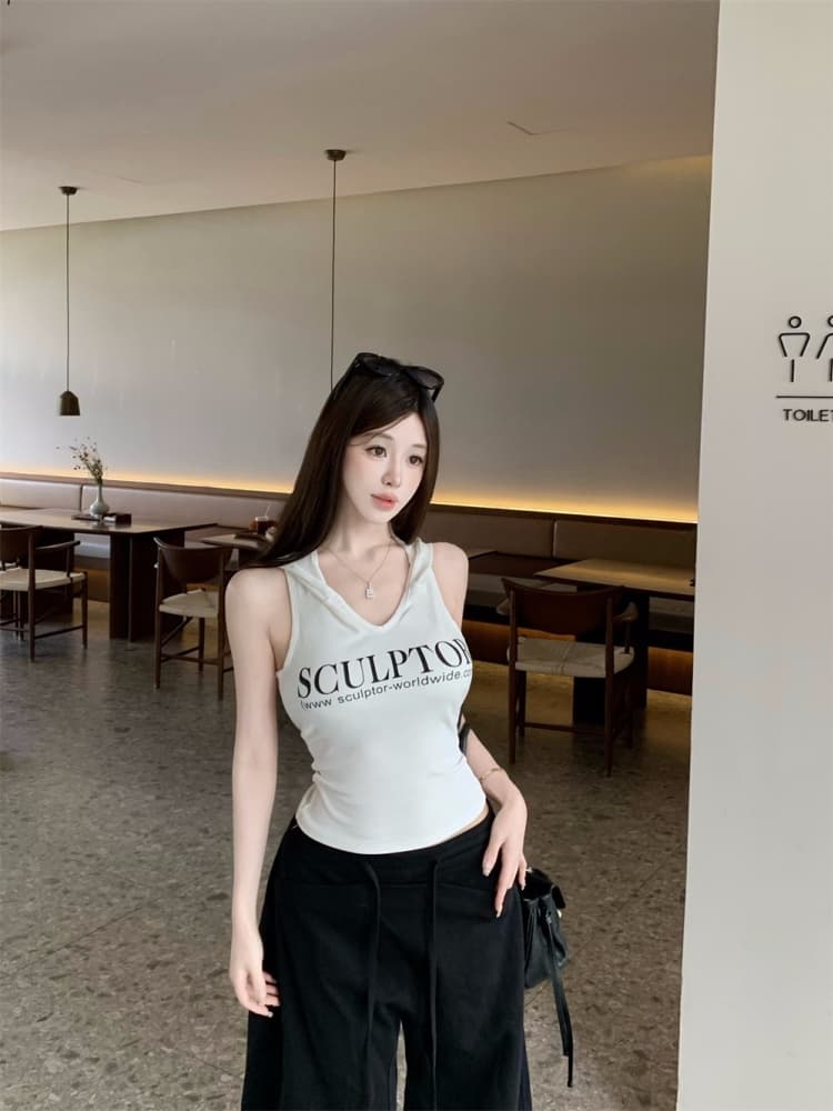실사 정가 감소되지 않음 아메리칸 알파벳 프린트 후드 조끼 여성 핫걸 다용도 패션 슬림해 보이는 민소매 맨위 상세 이미지 18