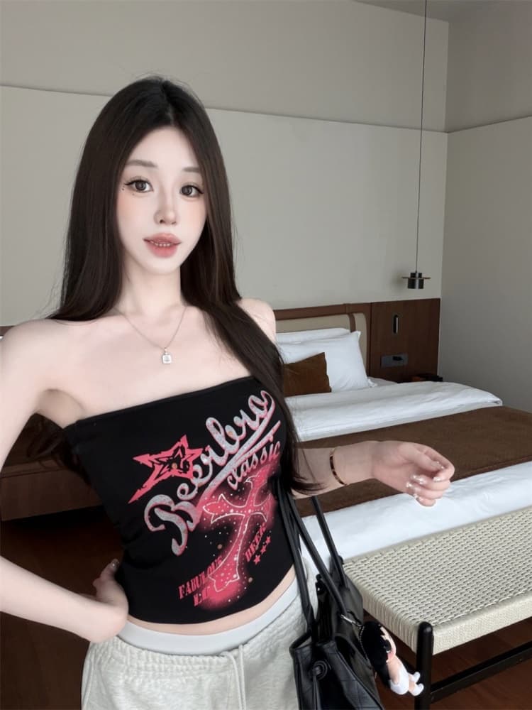 실사 정가 감소되지 않음 아메리칸 프린트 캐미솔 외출용 핫걸 오프숄더 튜브탑 작은 켜기 벨트 가슴 패드 상세 이미지 3