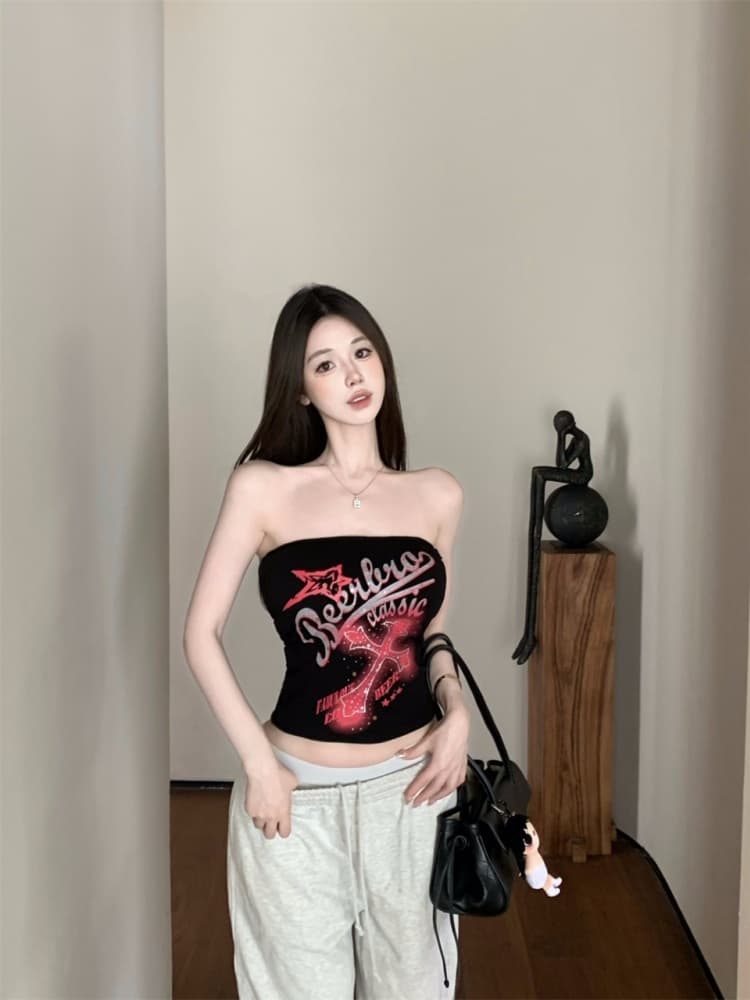 실사 정가 감소되지 않음 아메리칸 프린트 캐미솔 외출용 핫걸 오프숄더 튜브탑 작은 켜기 벨트 가슴 패드 상세 이미지 4