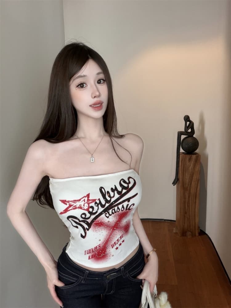 실사 정가 감소되지 않음 아메리칸 프린트 캐미솔 외출용 핫걸 오프숄더 튜브탑 작은 켜기 벨트 가슴 패드 상세 이미지 17