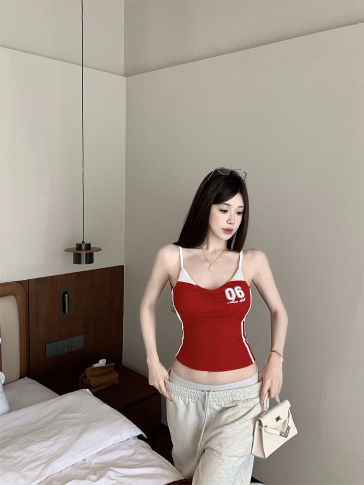 실사 정가 감소되지 않음 섹시함 핫걸 바람 프린트 배색 캐미솔 벨트 가슴 패드 몸매 가꾸기 아름다움 뒤쪽에 의류 상세 이미지 8