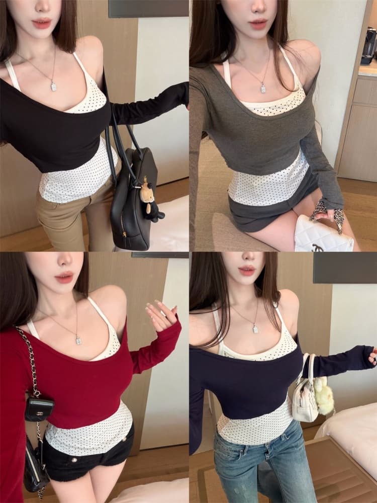 실사 정가 감소되지 않음 가을 새로운 순수한 욕망 바람 도트 무늬 슬립 긴팔 티셔츠 몸매 가꾸기 슬림해 보이는 투피스 세트 맨위 상세 이미지 1