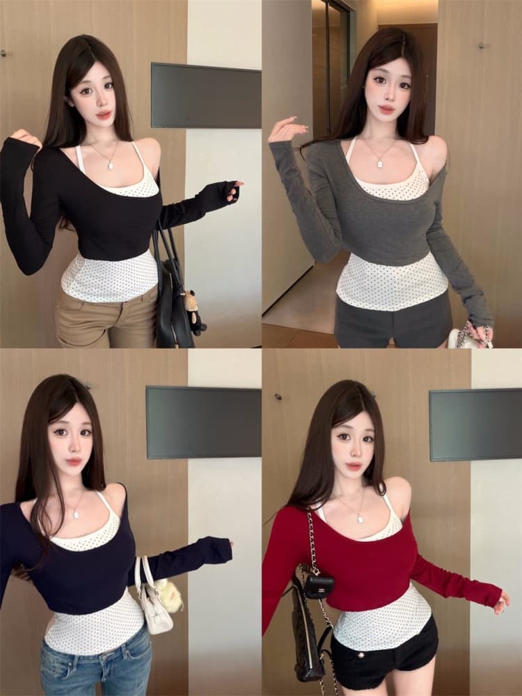 실사 정가 감소되지 않음 가을 새로운 순수한 욕망 바람 도트 무늬 슬립 긴팔 티셔츠 몸매 가꾸기 슬림해 보이는 투피스 세트 맨위 상세 이미지 2