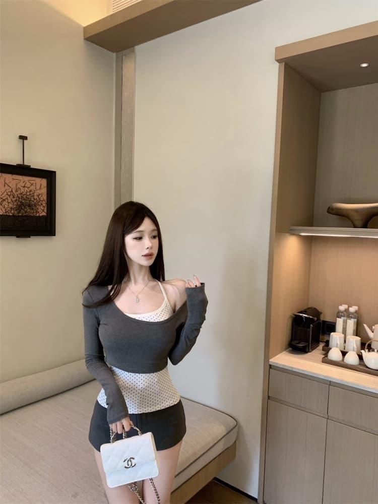 실사 정가 감소되지 않음 가을 새로운 순수한 욕망 바람 도트 무늬 슬립 긴팔 티셔츠 몸매 가꾸기 슬림해 보이는 투피스 세트 맨위 상세 이미지 17