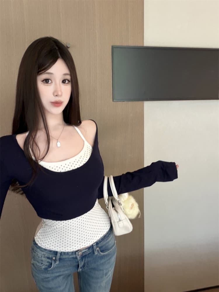 실사 정가 감소되지 않음 가을 새로운 순수한 욕망 바람 도트 무늬 슬립 긴팔 티셔츠 몸매 가꾸기 슬림해 보이는 투피스 세트 맨위 상세 이미지 22