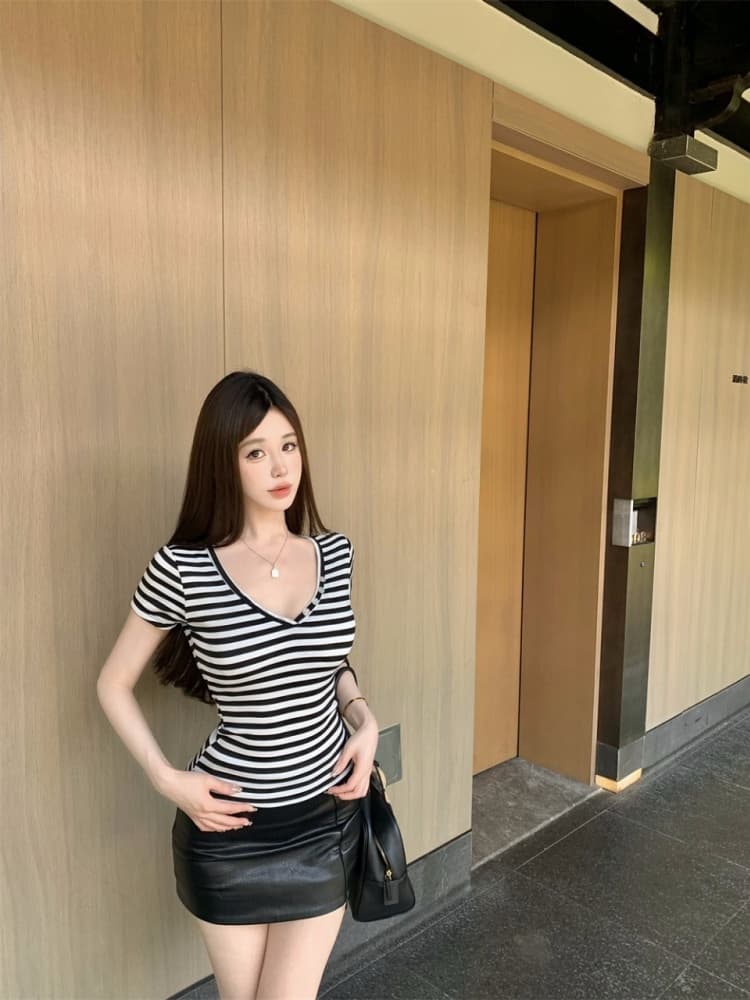 실사 정가 감소되지 않음 핫걸 바람 V넥 패치워크 단추 반팔 티셔츠 여성 몸매 가꾸기 원피스 벨트 가슴 패드 의류 상세 이미지 5
