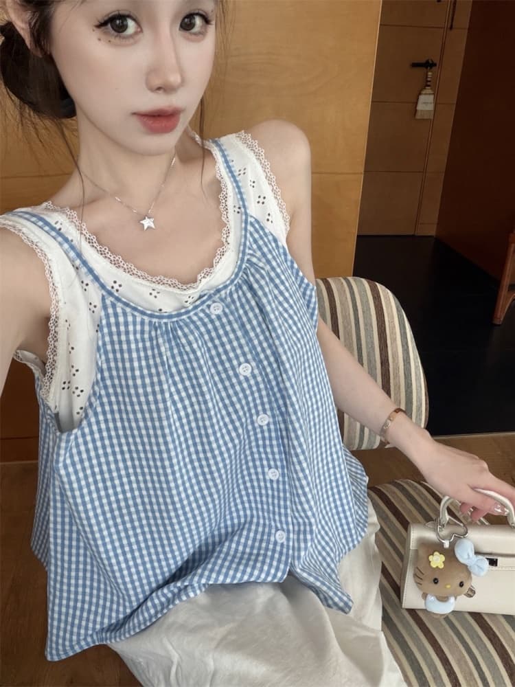 실사 정가 감소되지 않음 레이스 레이스 패치워크 체크무늬 캐미솔 외출용 연령 감소 페이크 레이어드 민소매 맨위 상세 이미지 5