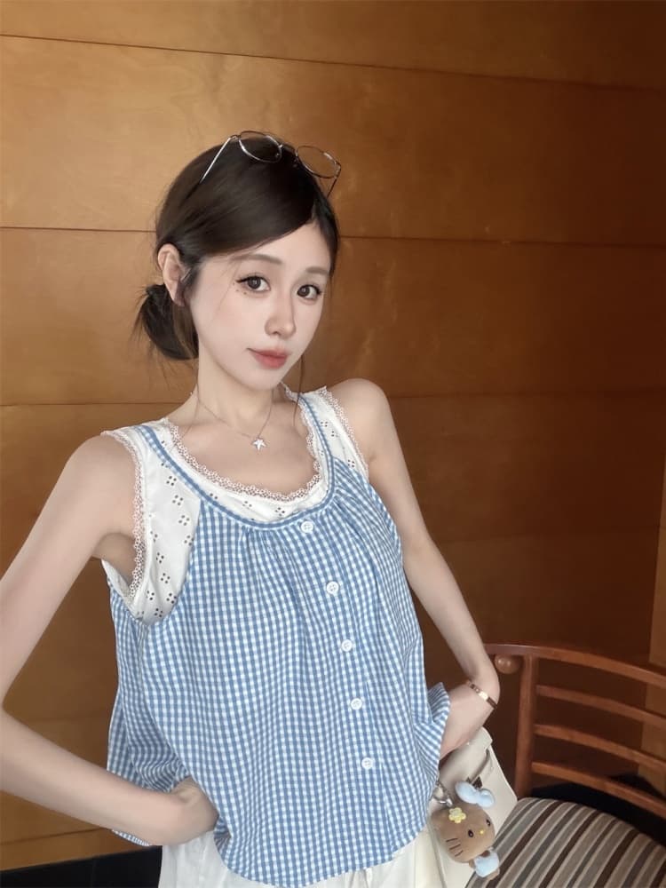 실사 정가 감소되지 않음 레이스 레이스 패치워크 체크무늬 캐미솔 외출용 연령 감소 페이크 레이어드 민소매 맨위 상세 이미지 6