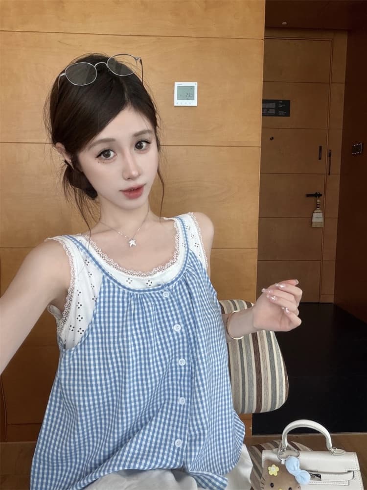 실사 정가 감소되지 않음 레이스 레이스 패치워크 체크무늬 캐미솔 외출용 연령 감소 페이크 레이어드 민소매 맨위 상세 이미지 7