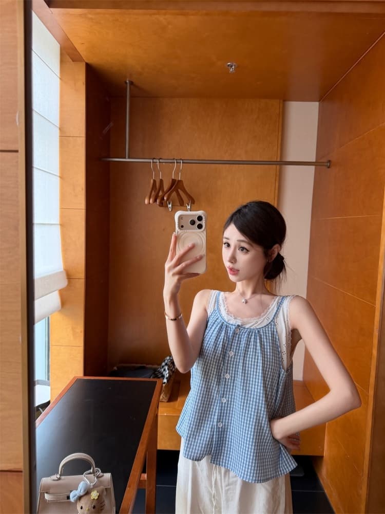 실사 정가 감소되지 않음 레이스 레이스 패치워크 체크무늬 캐미솔 외출용 연령 감소 페이크 레이어드 민소매 맨위 상세 이미지 8