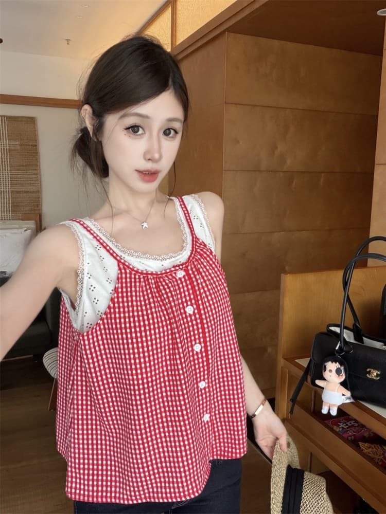 실사 정가 감소되지 않음 레이스 레이스 패치워크 체크무늬 캐미솔 외출용 연령 감소 페이크 레이어드 민소매 맨위 상세 이미지 9