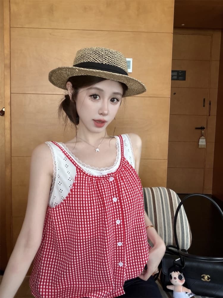 실사 정가 감소되지 않음 레이스 레이스 패치워크 체크무늬 캐미솔 외출용 연령 감소 페이크 레이어드 민소매 맨위 상세 이미지 10