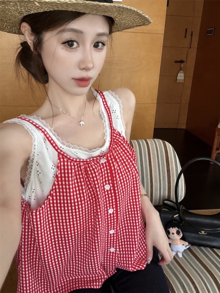 실사 정가 감소되지 않음 레이스 레이스 패치워크 체크무늬 캐미솔 외출용 연령 감소 페이크 레이어드 민소매 맨위 상세 이미지 11