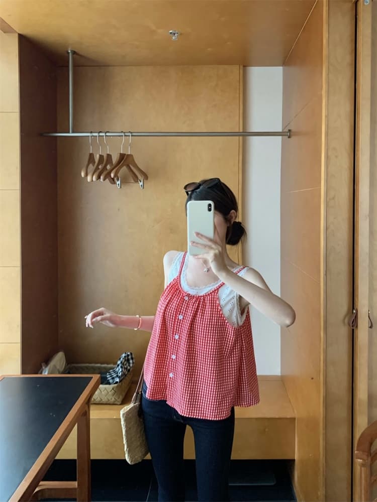 실사 정가 감소되지 않음 레이스 레이스 패치워크 체크무늬 캐미솔 외출용 연령 감소 페이크 레이어드 민소매 맨위 상세 이미지 12